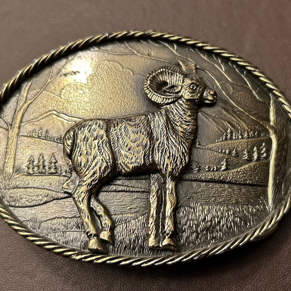 Vintage 1980 #474 ram brass belt buckle the great American buckle company Chicag